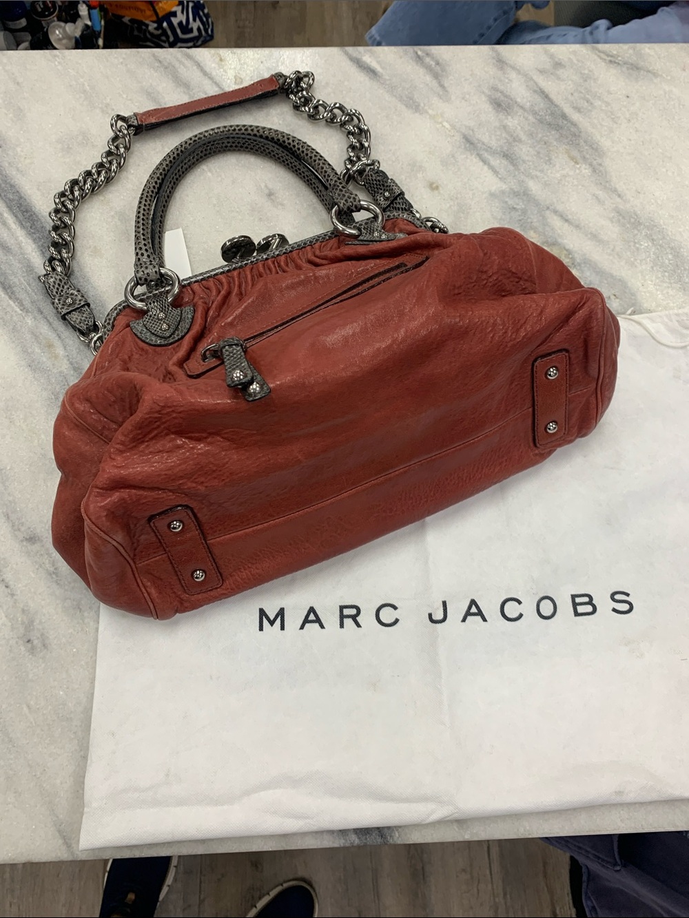 Marc Jacobs Rust Red Leather Shoulder Bag with Gray Snake-Trim and Silver Chain - Picture 2 of 11